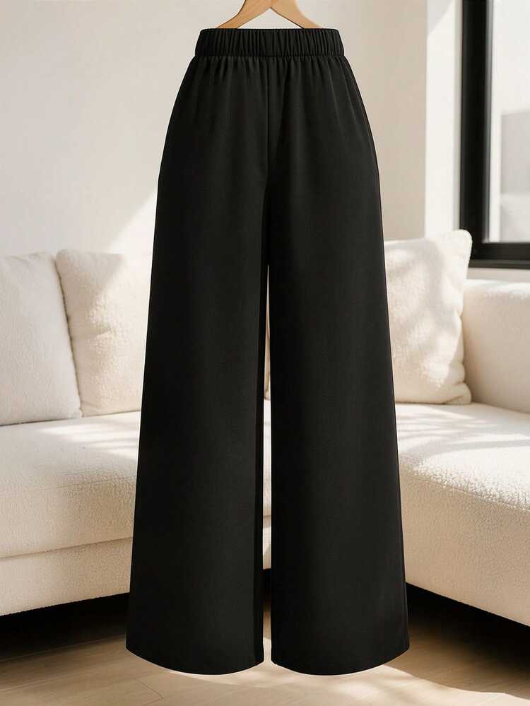 GlowEve Women's Elegant Wide Leg Pants With Side Button Design - Black - View 2