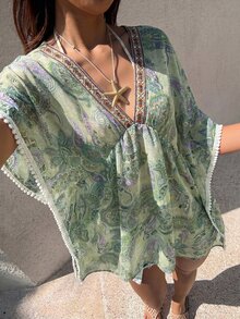 Sunnyshic Women's Casual All-Over Print V-Neck Batwing Sleeve Chiffon T-Shirt - Multicolor - View 6