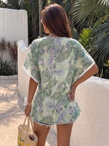 Sunnyshic Women's Casual All-Over Print V-Neck Batwing Sleeve Chiffon T-Shirt - Multicolor - View 2