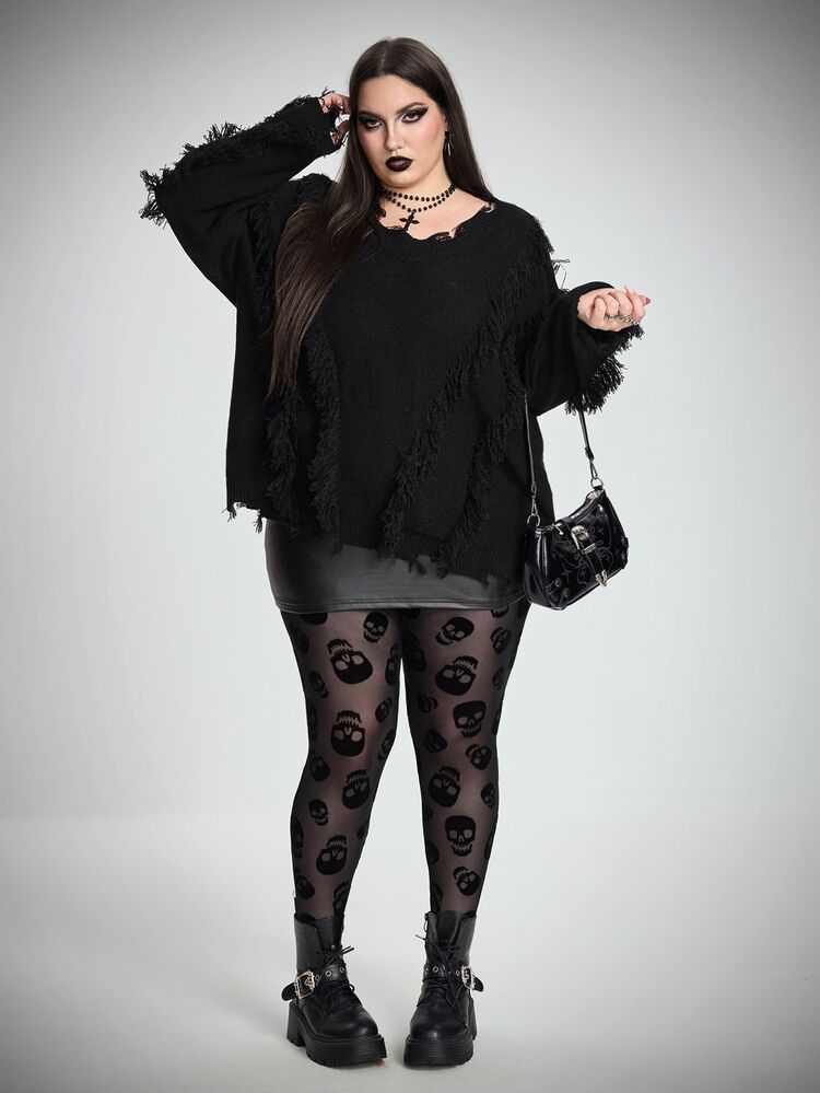 SHEIN CURVE+ Plus Size Women Skull Print Casual Gothic Sexy Everyday Night Out Party Tight Leggings Day Of The Dead Black Summer Halloween - Black - View 3