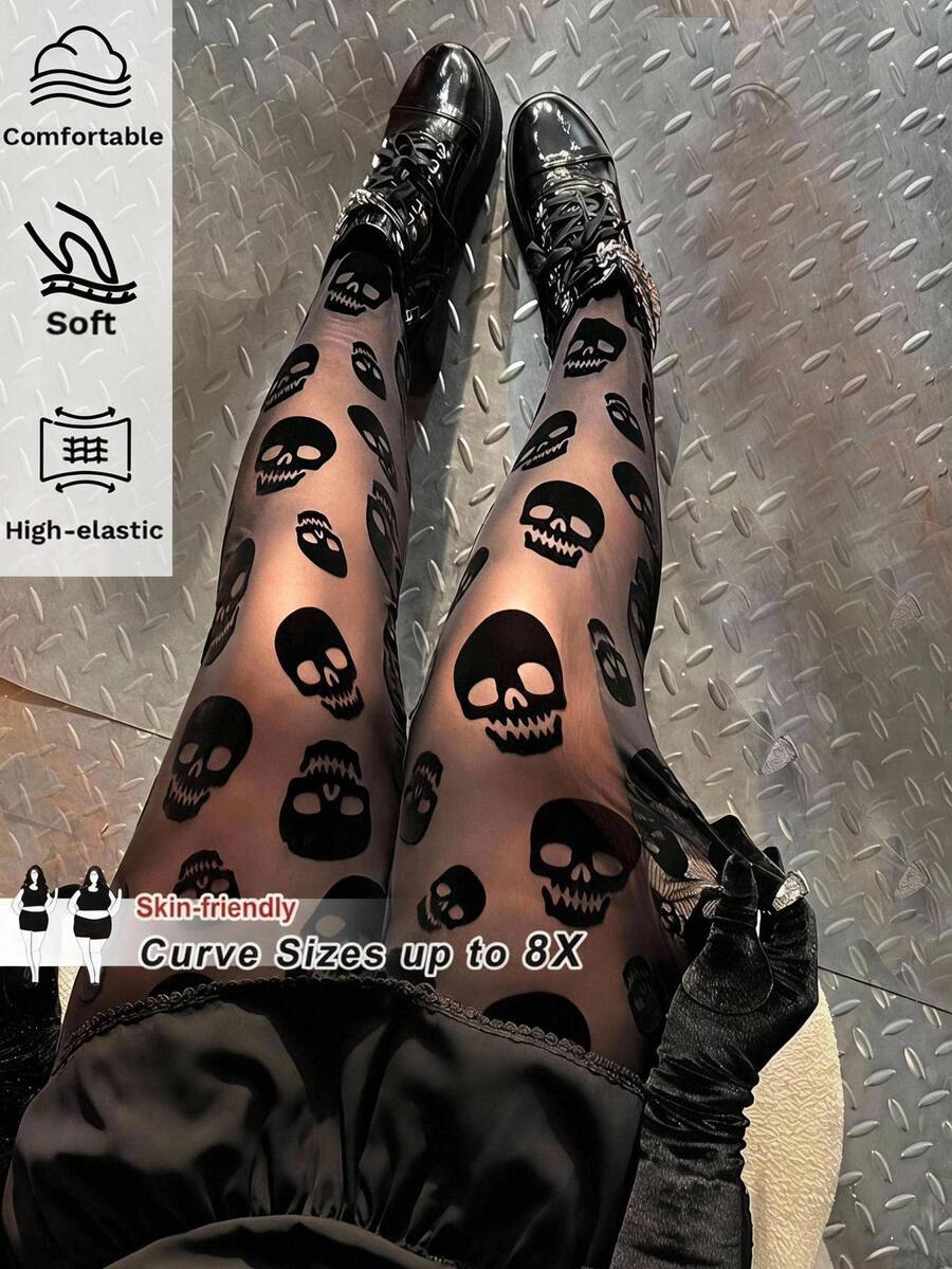SHEIN CURVE+ 大尺碼女款骷髏印花休閒哥德風性感緊身內搭褲，黑色，適合日常、夜晚外出、派對、亡靈節、夏季萬聖節