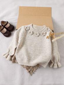 SHEIN 女童燕麥色手工鉤編粗針編織圓領套頭毛衣，秋冬款，時尚優雅荷葉邊下擺與袖口設計 - 杏色 - 查看 1