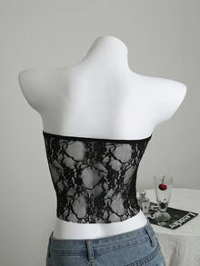 Elamini White Floral Lace Fabric With Built-In Liner Sheer Tight Wrap Crop Top, Elegant & Sweet, Suitable For Summer Vacation - Black - View 2
