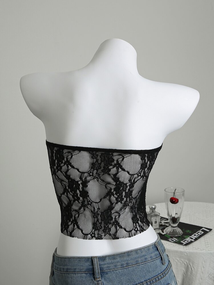 Elamini White Floral Lace Fabric With Built-In Liner Sheer Tight Wrap Crop Top, Elegant & Sweet, Suitable For Summer Vacation - Black - View 2