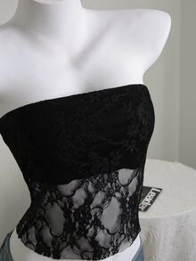 Elamini White Floral Lace Fabric With Built-In Liner Sheer Tight Wrap Crop Top, Elegant & Sweet, Suitable For Summer Vacation - Black - View 4