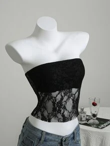 Elamini White Floral Lace Fabric With Built-In Liner Sheer Tight Wrap Crop Top, Elegant & Sweet, Suitable For Summer Vacation - Black - View 3
