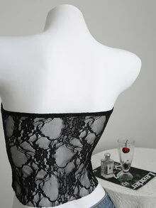 Elamini White Floral Lace Fabric With Built-In Liner Sheer Tight Wrap Crop Top, Elegant & Sweet, Suitable For Summer Vacation - Black - View 6