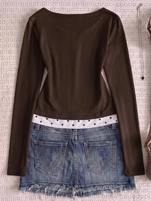 Teen Girl Teen Girls Knitted Brown Patchwork Polka Dot Casual Long Sleeve T-Shirt - Brown - View 2