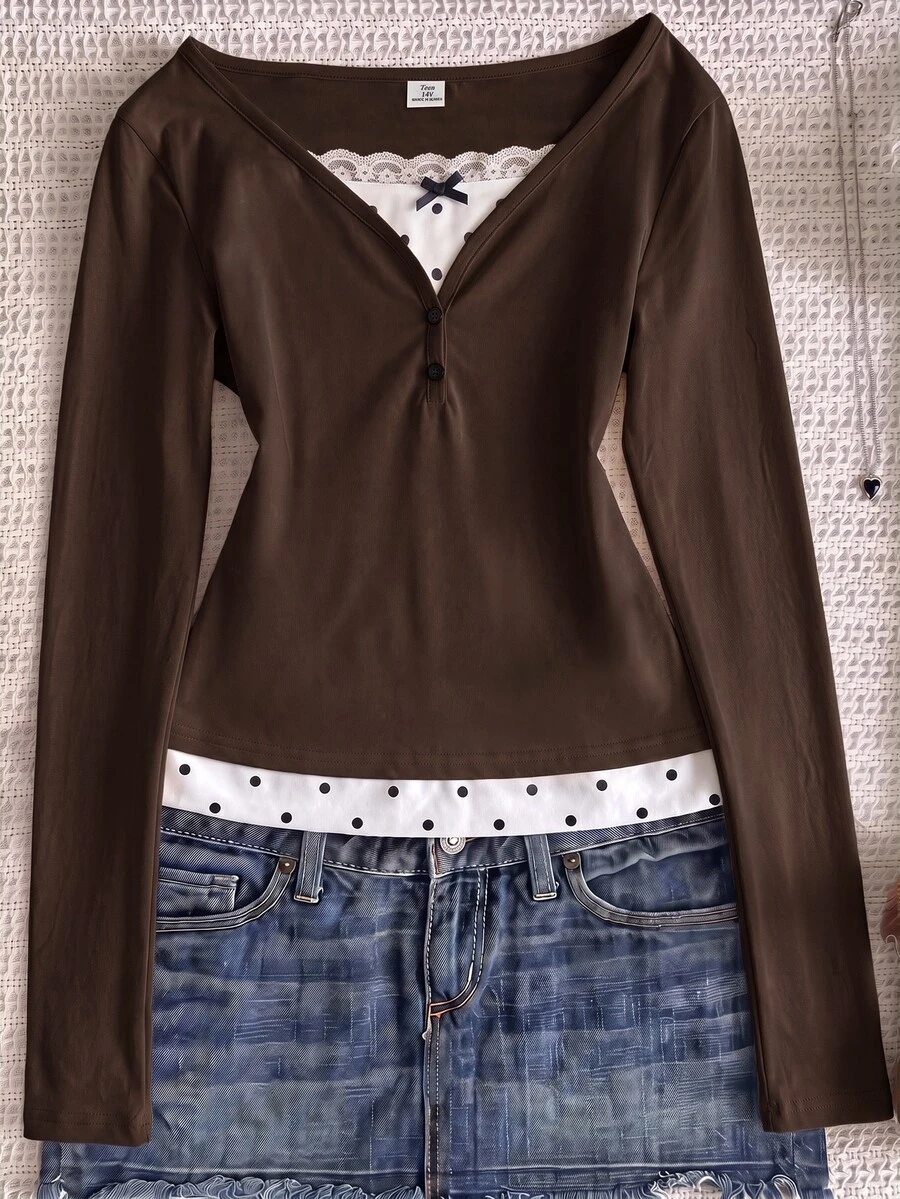 Teen Girl Teen Girls Knitted Brown Patchwork Polka Dot Casual Long Sleeve T-Shirt - Brown - View 1