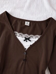 Teen Girl Teen Girls Knitted Brown Patchwork Polka Dot Casual Long Sleeve T-Shirt - Brown - View 4