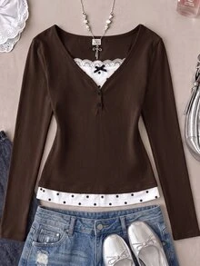 Teen Girl Teen Girls Knitted Brown Patchwork Polka Dot Casual Long Sleeve T-Shirt - Brown - View 5
