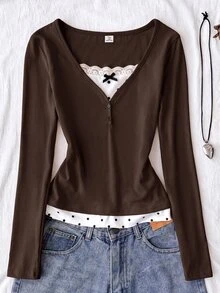 Teen Girl Teen Girls Knitted Brown Patchwork Polka Dot Casual Long Sleeve T-Shirt - Brown - View 3