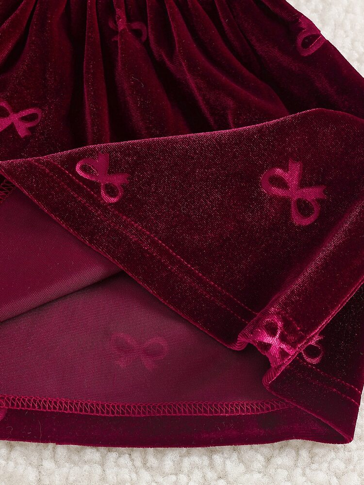 SHEIN Gaun Beludru Bayi Perempuan Warna Merah Anggur Merah Muda Manis dengan Motif Pita, Bagian Belakang Berpotongan, Lengan Panjang, Leher Bulat, Model Reguler, untuk Pesta Pernikahan, Musim Gugur, Musim Dingin, dan Liburan. - Burgundy - View 8