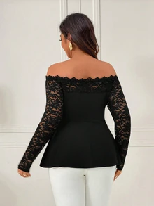 Femmeverse Plus Size Women's Off-Shoulder, Lace Trim, Patchwork Solid Color Knit Blouse Fall - Black - View 3