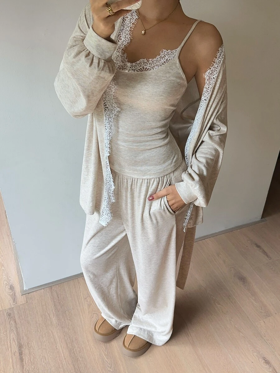 Siren Gaze Women's Lace Patchwork Camisole, Knit Cardigan And Pants 3 Pieces Set Lounge Beige Fall Casual Elegant Everyday - Apricot - View 1