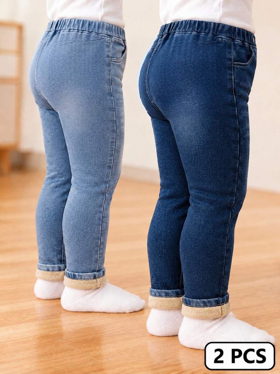 SHEIN 2 件套女婴休闲简约羊毛弹力舒适牛仔裤，保暖，适合秋冬季 - 彩色 - 查看 1