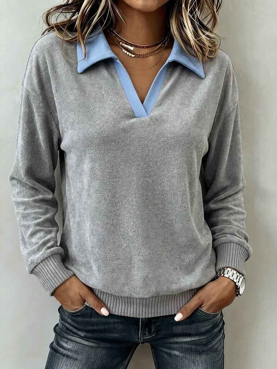 LUMIGAL A New Casual And Versatile Long-Sleeved Sweatshirt With A Light Blue Contrasting Color And A Collar Brunch Autumn Everyday Travel - Multicolor - View 1