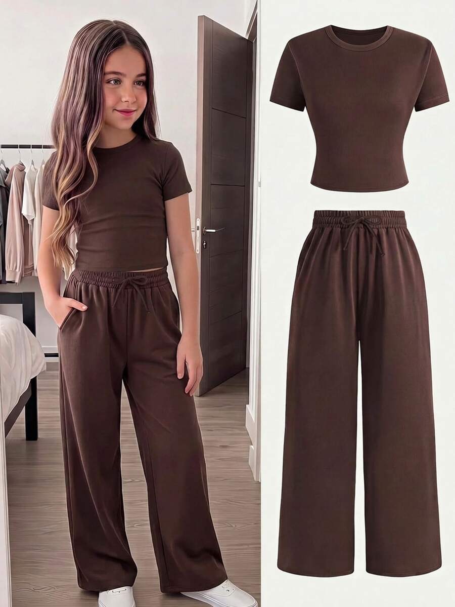 SHEIN Tween Girls Knitted Spring/Summer New Fashion Casual Minimalist Brown T-Shirt With Drawstring Tie Loose Pants 2-Piece Set, Daily Versatile Holiday - Khaki - View 1