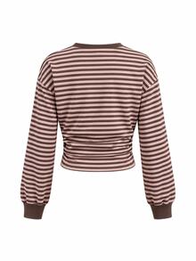 Teen Girls Fall/Winter Back To Basic Solid Color Pleated Asymmetrical Neck Long Sleeve Pullover - Multicolor - View 2