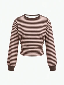Teen Girls Fall/Winter Back To Basic Solid Color Pleated Asymmetrical Neck Long Sleeve Pullover - Multicolor - View 3