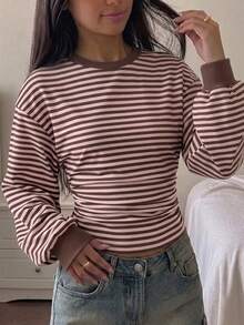Teen Girls Fall/Winter Back To Basic Solid Color Pleated Asymmetrical Neck Long Sleeve Pullover - Multicolor - View 1