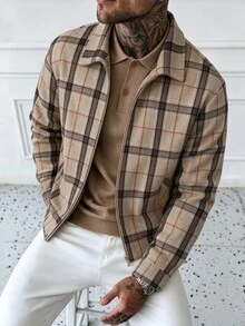 HUEFORM Men's Vintage Plaid Wool Blend Overcoat With Lapel Collar And Zipper, Loose Fit - Brown - View 6