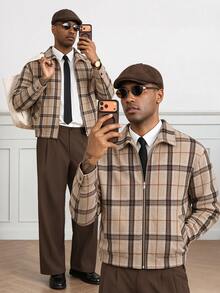 HUEFORM Men's Vintage Plaid Wool Blend Overcoat With Lapel Collar And Zipper, Loose Fit - Brown - View 1