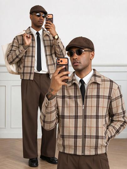 HUEFORM Men's Vintage Plaid Wool Blend Overcoat With Lapel Collar And Zipper, Loose Fit