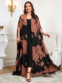 Reflora Plus Size Women Solid Color Spaghetti Strap Dress And Floral Print Cardigan Casual Elegant Formal Daily Cocktail Evening 2 Pieces Set Black Summer - Multicolor - View 5