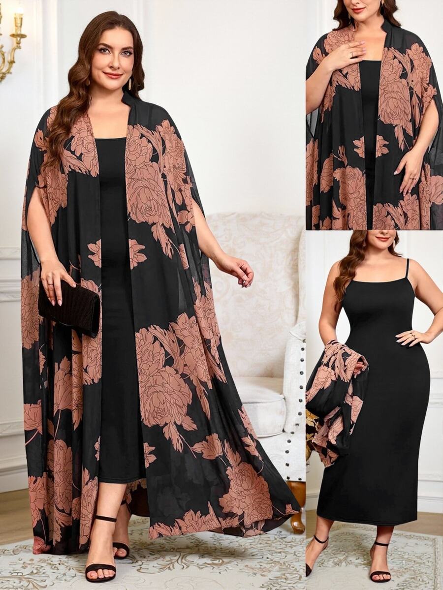 Reflora Plus Size Women Solid Color Spaghetti Strap Dress And Floral Print Cardigan Casual Elegant Formal Daily Cocktail Evening 2 Pieces Set Black Summer
