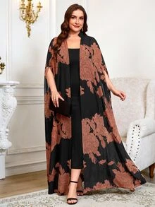 Reflora Plus Size Women Solid Color Spaghetti Strap Dress And Floral Print Cardigan Casual Elegant Formal Daily Cocktail Evening 2 Pieces Set Black Summer - Multicolor - View 9