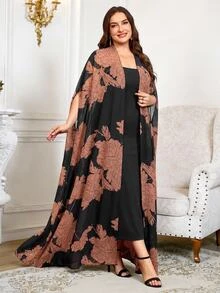 Reflora Plus Size Women Solid Color Spaghetti Strap Dress And Floral Print Cardigan Casual Elegant Formal Daily Cocktail Evening 2 Pieces Set Black Summer - Multicolor - View 7