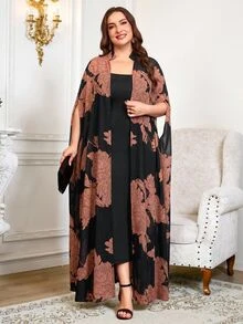 Reflora Plus Size Women Solid Color Spaghetti Strap Dress And Floral Print Cardigan Casual Elegant Formal Daily Cocktail Evening 2 Pieces Set Black Summer - Multicolor - View 8