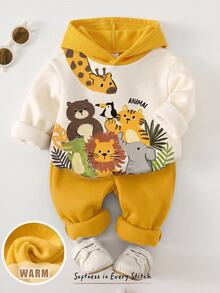 Cozy Pixies Baby Boy Cartoon Animal Pattern Colorblock Knitted Soft Crew Neck Long Sleeve Hooded Sweatshirt & Elastic Waist Long Autumn Winter Pants 2-Piece Set - Yellow - View 1