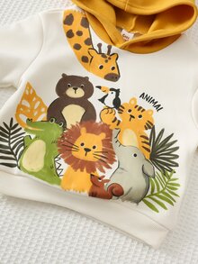 Cozy Pixies Baby Boy Cartoon Animal Pattern Colorblock Knitted Soft Crew Neck Long Sleeve Hooded Sweatshirt & Elastic Waist Long Autumn Winter Pants 2-Piece Set - Yellow - View 4