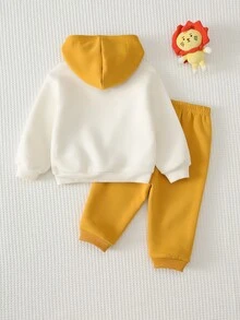 Cozy Pixies Baby Boy Cartoon Animal Pattern Colorblock Knitted Soft Crew Neck Long Sleeve Hooded Sweatshirt & Elastic Waist Long Autumn Winter Pants 2-Piece Set - Yellow - View 2
