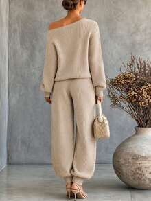 SHEIN Korean Style Soft Knit Two Pieces Outfit, Asymmetric Slant Off Shoulder Top + Wide Leg Knit Pants - Apricot - View 2