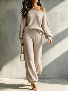 SHEIN Korean Style Soft Knit Two Pieces Outfit, Asymmetric Slant Off Shoulder Top + Wide Leg Knit Pants - Apricot - View 8