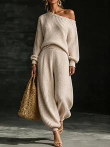 SHEIN Korean Style Soft Knit Two Pieces Outfit, Asymmetric Slant Off Shoulder Top + Wide Leg Knit Pants - Apricot - View 6