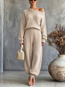 SHEIN Korean Style Soft Knit Two Pieces Outfit, Asymmetric Slant Off Shoulder Top + Wide Leg Knit Pants - Apricot - View 3