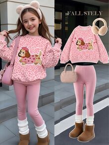幼童女童 2 件組甜美粉色豹紋卡通狗狗印花圓領衛衣與內搭褲套裝，秋季套裝穿搭 - 粉色 - 查看 1