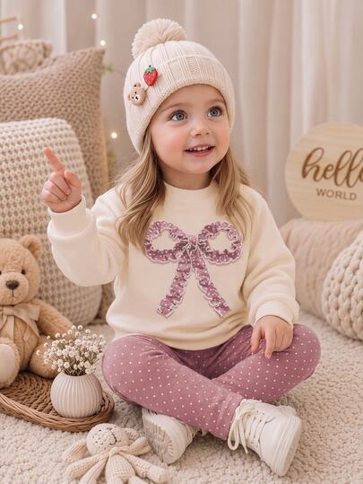 SHEIN LMoss Kids Cute Fashion 3D Wavy Edge Bow Pattern, Baby Girl Casual Soft Comfortable Loose Crew Neck Pullover Sweatshirt And Thick Polka Dot Leggings 2 Pieces Set, Suitable For Autumn/Winter Daily, School, Outings, Fleece Lined, Christmas, Fall Season, Girly Style