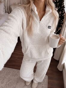 CovetEZ 女款兩件式居家服套裝，長袖上衣配半拉鍊領口，寬鬆長褲，舒適毛絨質感，奶油白色 - 白色 - 查看 5