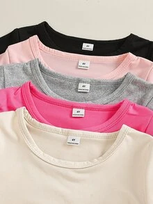 SHEIN Playful Pals 5件組幼女長袖T恤，甜美粉色、玫瑰灰、素色基本款，圓領常規版，適合學校、秋季、假期、萬聖節內搭衫 - 彩色 - 查看 7