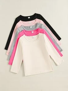 SHEIN Playful Pals 5件組幼女長袖T恤，甜美粉色、玫瑰灰、素色基本款，圓領常規版，適合學校、秋季、假期、萬聖節內搭衫 - 彩色 - 查看 6