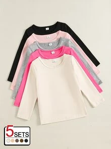 SHEIN Playful Pals 5件組幼女長袖T恤，甜美粉色、玫瑰灰、素色基本款，圓領常規版，適合學校、秋季、假期、萬聖節內搭衫 - 彩色 - 查看 2