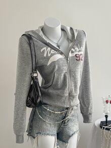 Elamini 女款灰色紐約市名稱數字92圖案印花拉鍊連帽衛衣，休閒街頭風長袖羅紋外套，適合秋季，校園教師穿搭 - 灰色 - 查看 5