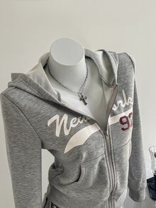 Elamini 女款灰色紐約市名稱數字92圖案印花拉鍊連帽衛衣，休閒街頭風長袖羅紋外套，適合秋季，校園教師穿搭 - 灰色 - 查看 3