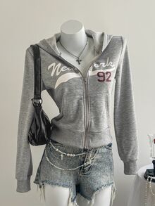 Elamini 女款灰色紐約市名稱數字92圖案印花拉鍊連帽衛衣，休閒街頭風長袖羅紋外套，適合秋季，校園教師穿搭 - 灰色 - 查看 4