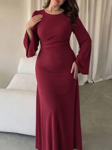 Elenzga Gaun Midi Elegan Rajut Lembut dan Elastis Ukuran Plus, Gaun Malam Harian Berpotongan Ramping dengan Pinggang Tinggi - Burgundy - View 3